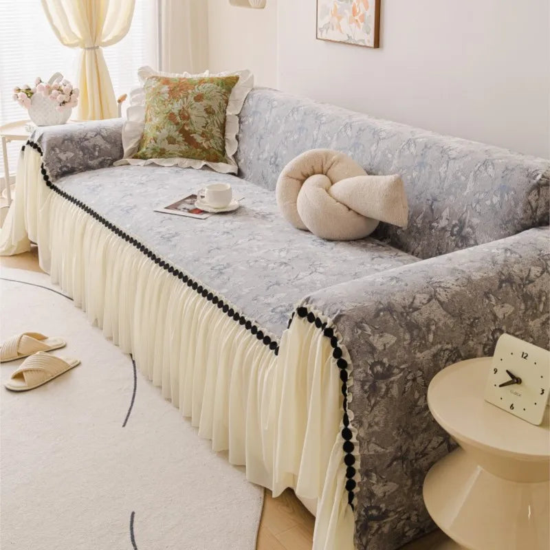 Autumn Universal Chenille Sofa Cover French Ruffled Edge Creamy Mats Aesthetic Flower Printed Anti-Slip Patchwork Couch Cushion